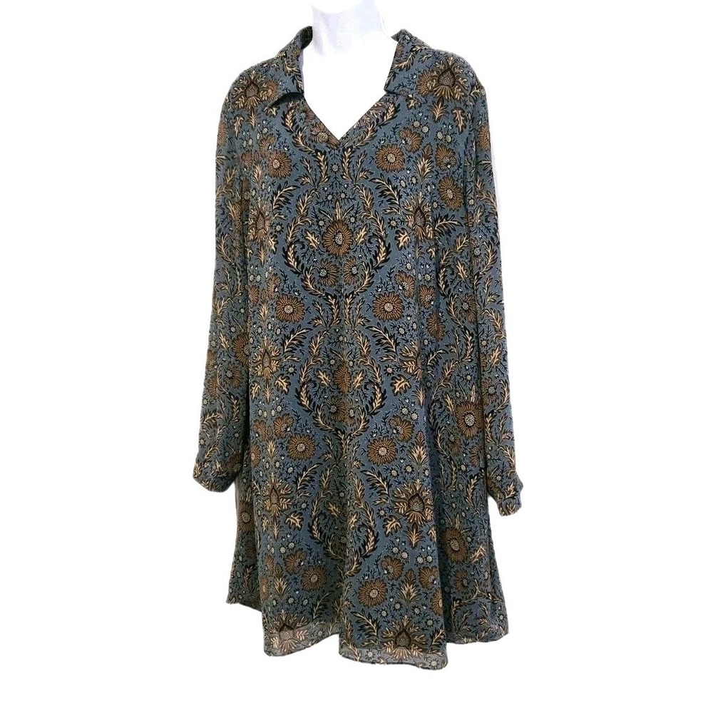 Cabi Women's Lined Tunic Dress Collared V-neck Semi-sheer Long Sleeve Floral XL